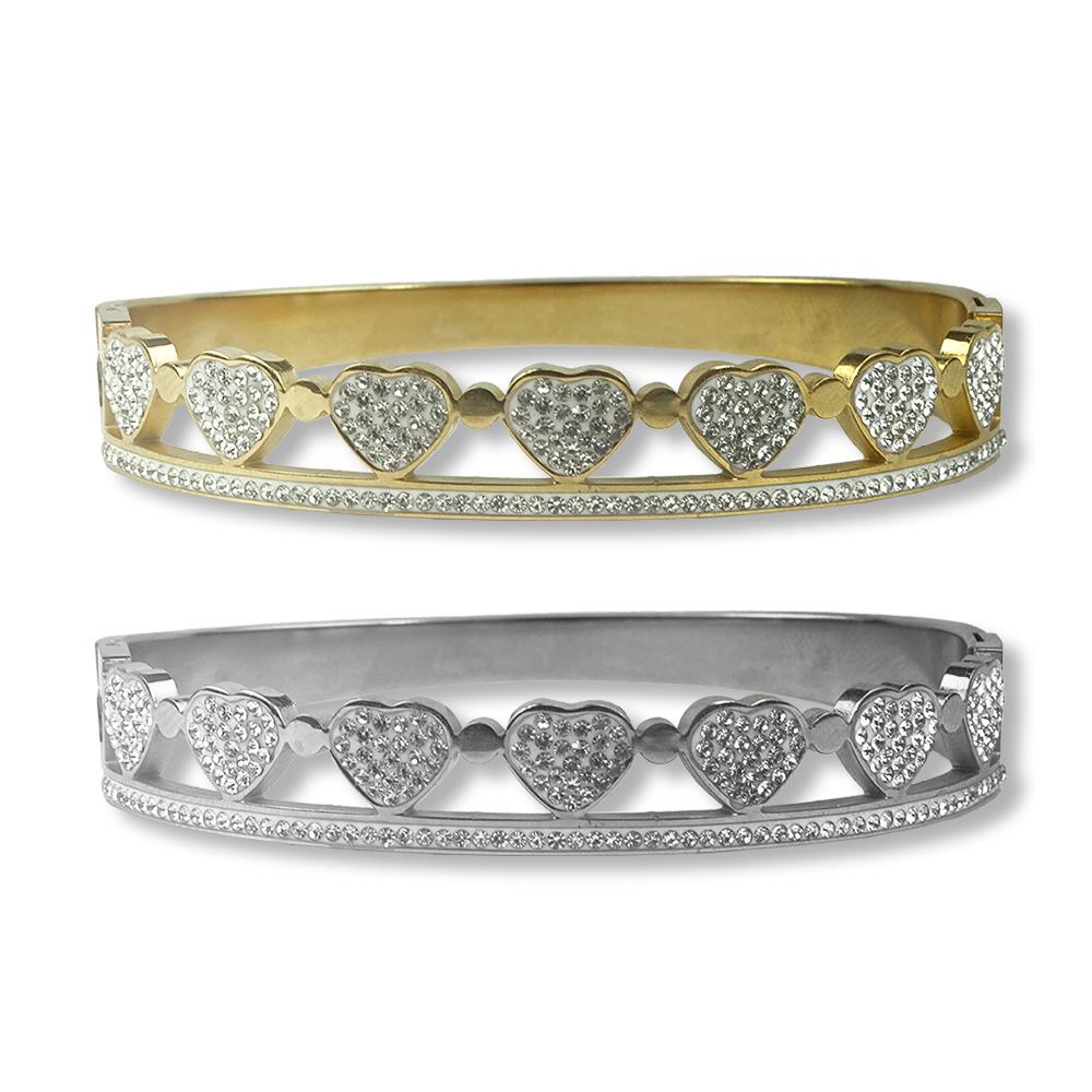 Bracelete em Aço com Corações em Strass - Importado