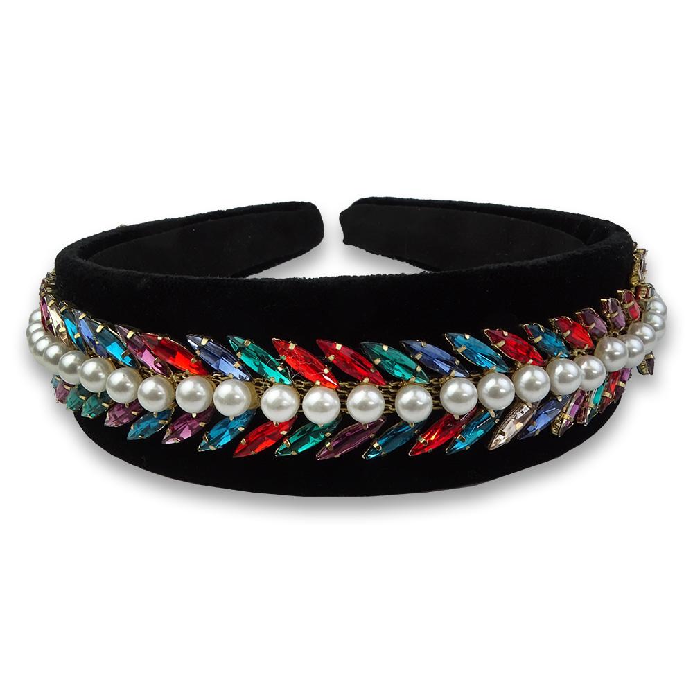 Tiara Preta com Pérolas e Pedras Coloridas - Importado